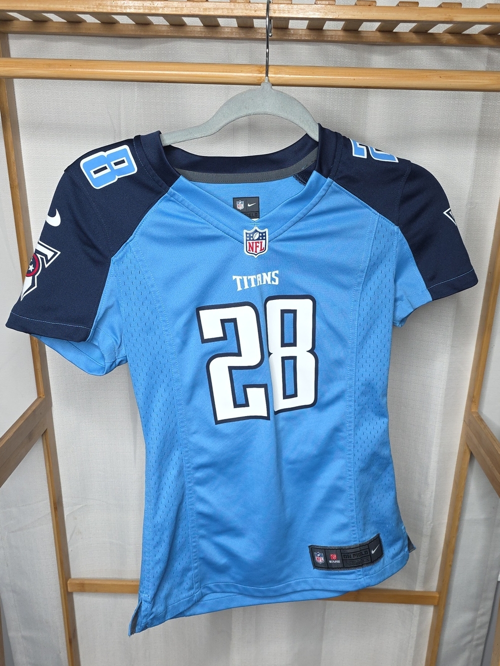 Nike Titans Youth Blue #28 Football Jersey with Navy Sleeves